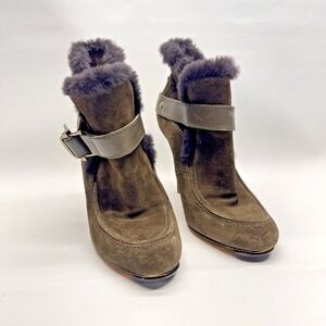 Joan David Forest Green Suede Stiletto Ankle Buckle Boots Faux Fur Trimmed 9M